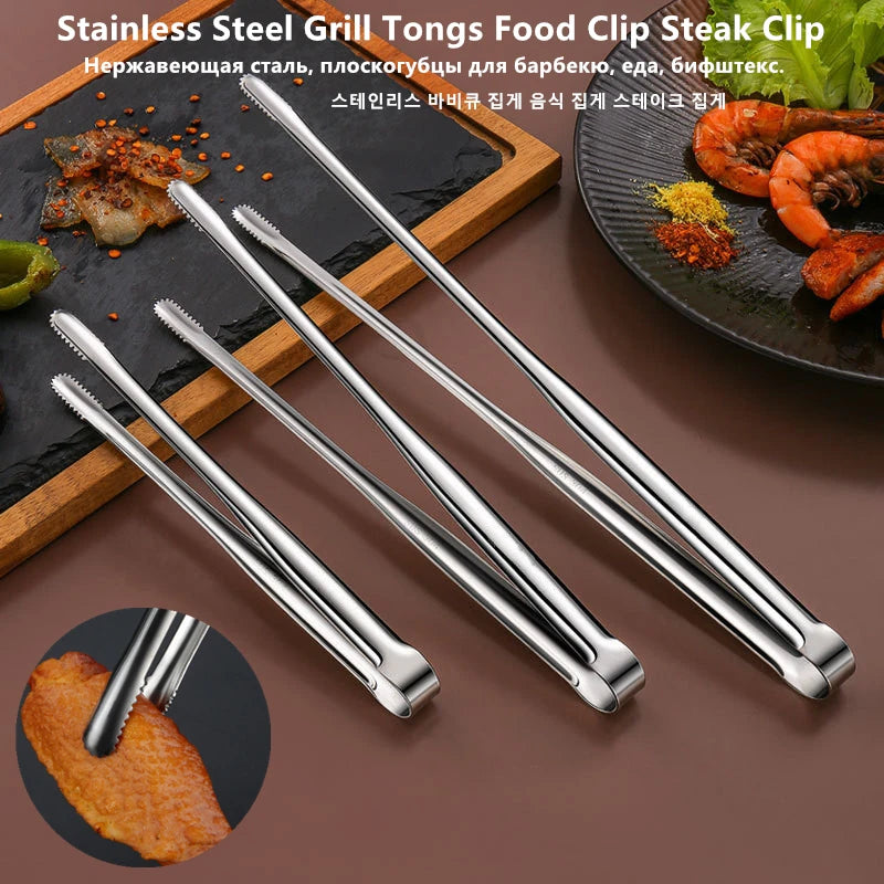 Stainless Steel Grill Tongs Food Clip BBQ Steak Clip Bread Tong Cooking Utensils Party Non-Slip Kitchen Gadgets Accessories Qme