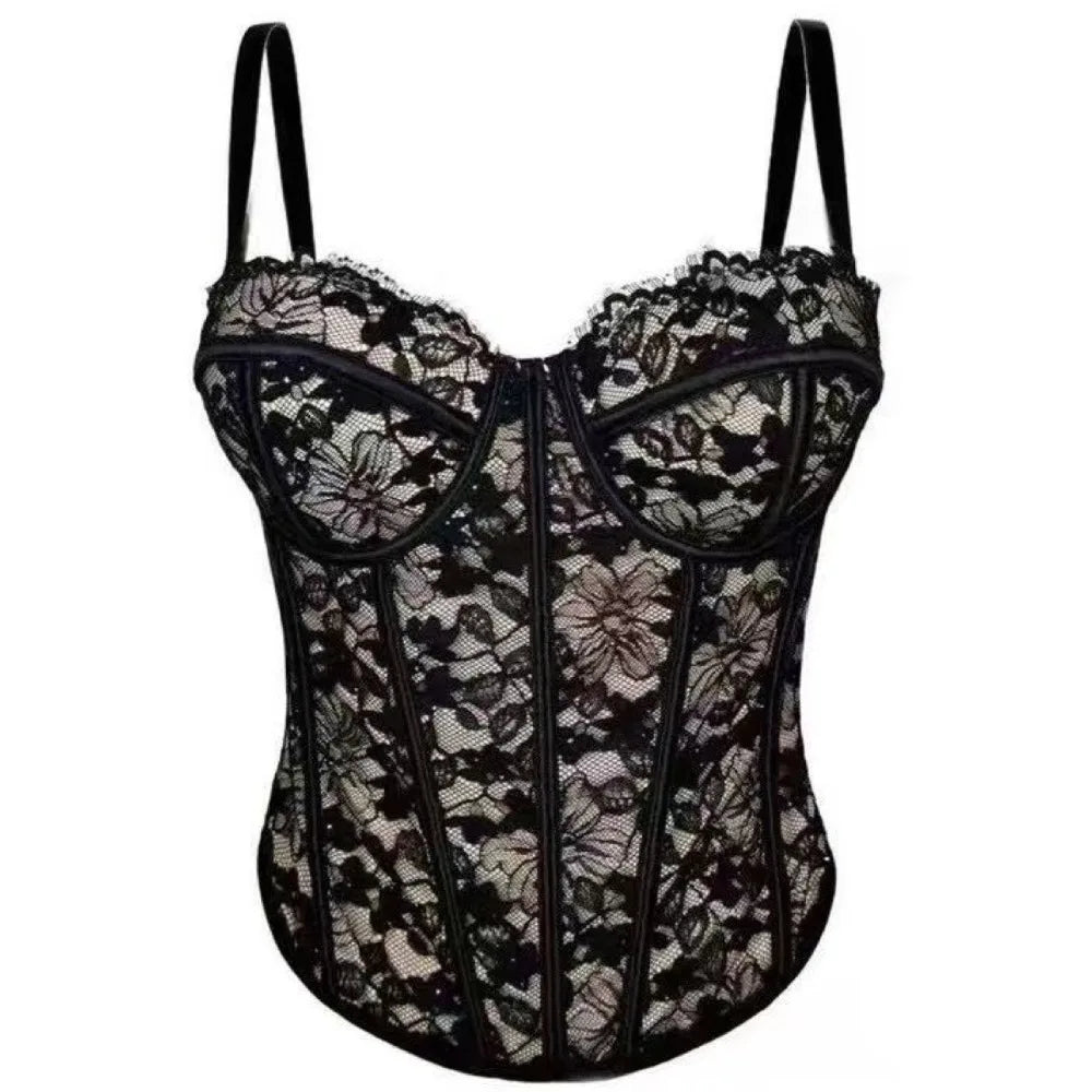 Sweet Mesh Flower Slim Lace Crop Bottoming Shirt Fishbone Corset Qme Black One Size