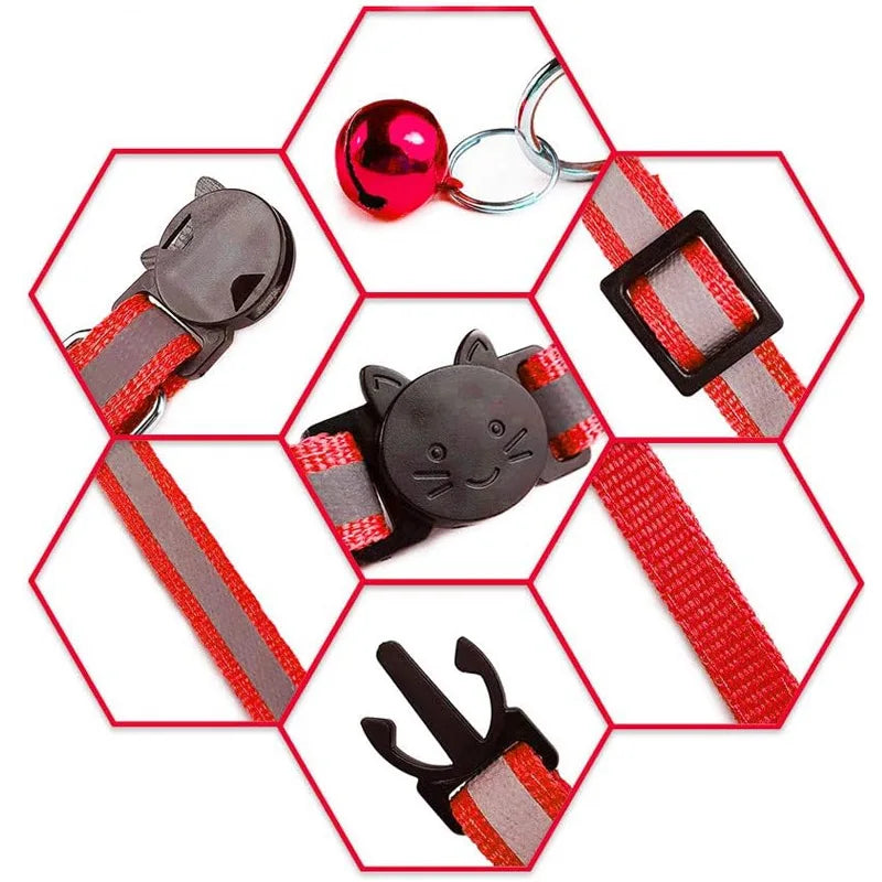 6-piece set of mixed color belt bell safety reflective collar, detachable reflective nylon cat collar with bell accessories Qme