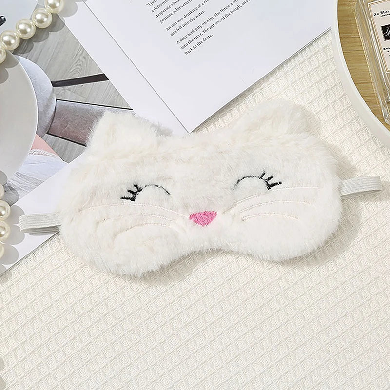 Cute Cartoon Cat Plush Sleep Mask Comfortable Eye Cover Travel Home Qme white