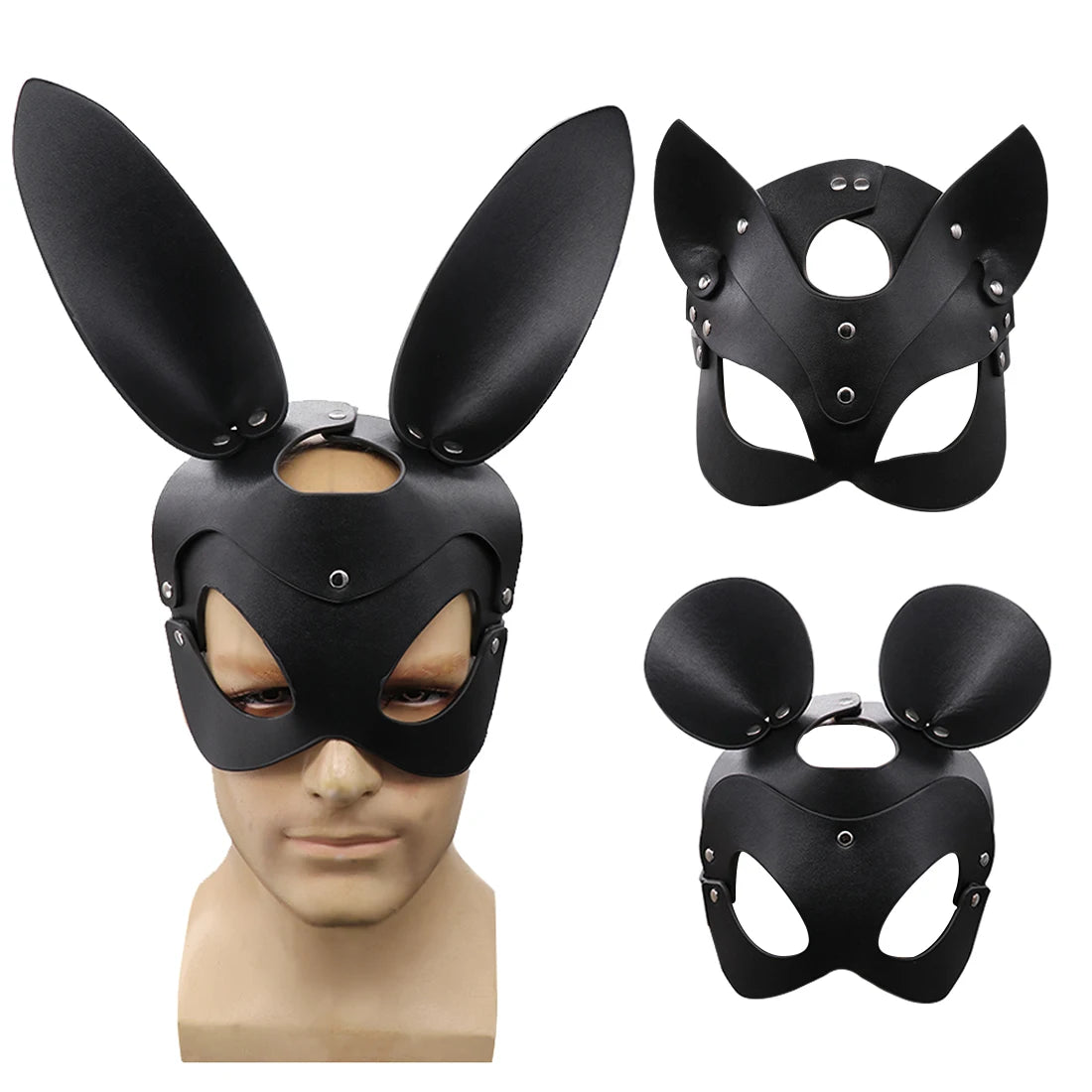Bunny Mask Cosplay Punk Spiked Leather Cat Mouse Headgear Masquerade Dance Party Pvc Half Face Helmet Halloween Accessory Prop Qme