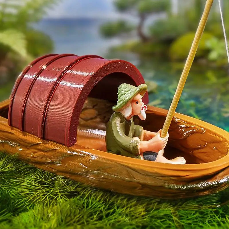 Mini Floating Boat Fisherman Realistic Micro Landscape Models Qme