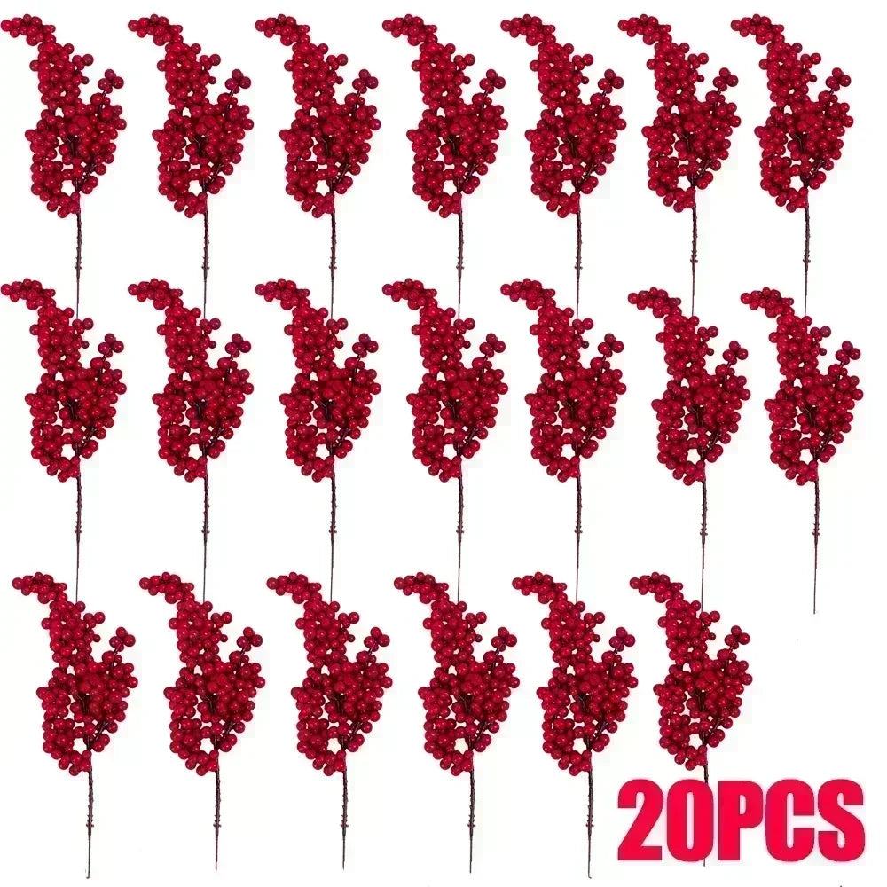 Artificial Berries Christmas Decoration Red Berry Branches for Xmas Tree Party Home Table Ornaments Red Fruit Wreath DIY Gift Qme 20pcs 22cm