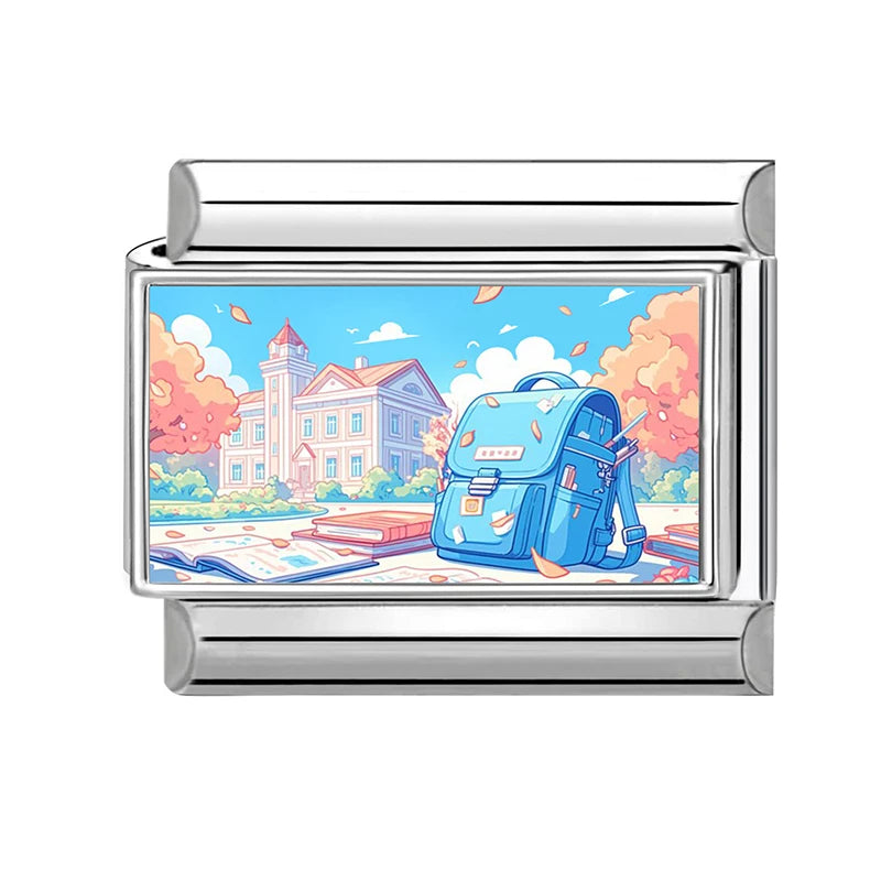 Blue Landscape Sky School Student Schoolbag City Italian Charms Fit 9mm Stainless Steel Women Fashion Bracelet DIY Jewelry Gifts Qme Style 4