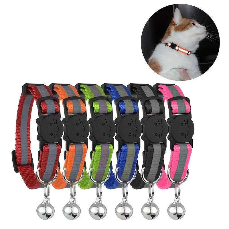6-piece set of mixed color belt bell safety reflective collar, detachable reflective nylon cat collar with bell accessories Qme Default Title