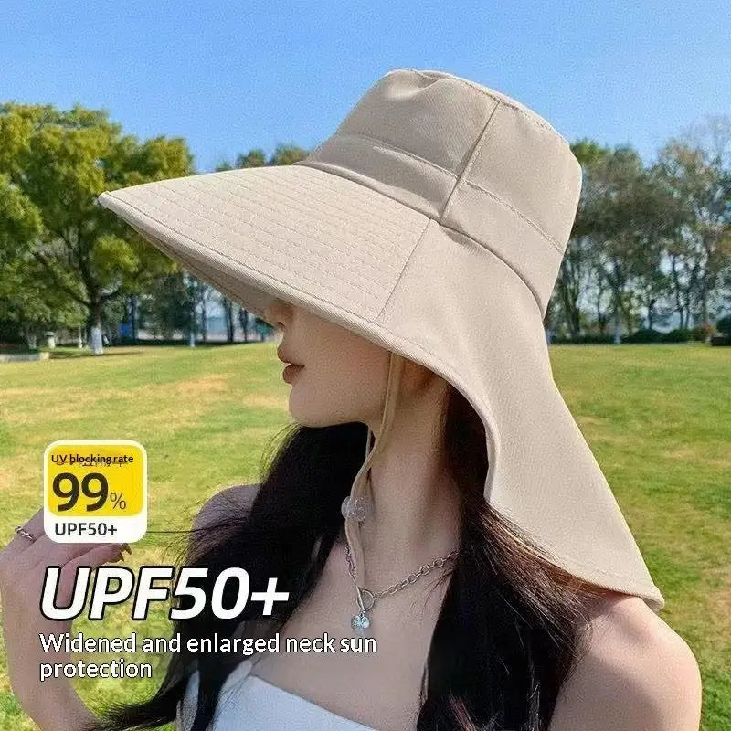 Solid Wide Brim Sun Hat Korean Neck Cover Protection Adjustable Women Qme 2 Beige One Size