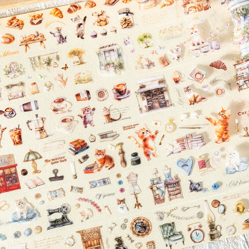 PET Material Tape Maker Cat Hand Workshop Series Cute Cat Coffee Bread Floral Pattern DIY Decorative for Phone Case Computer Cup Qme