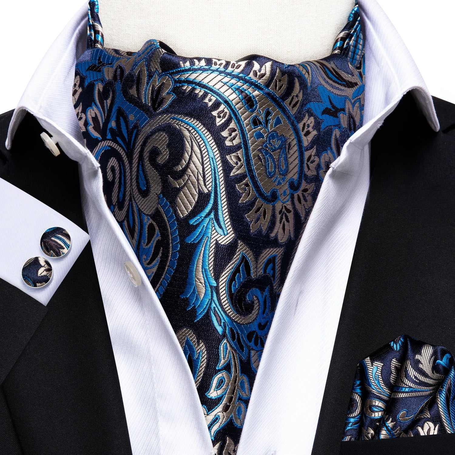 Hi-Tie Silk Mens Ascot Pocket Square Cufflinks Set Jacquard Paisley Floral Vintage Cravat Tie for Male Red Blue Green Gold Pink Qme AS-1045