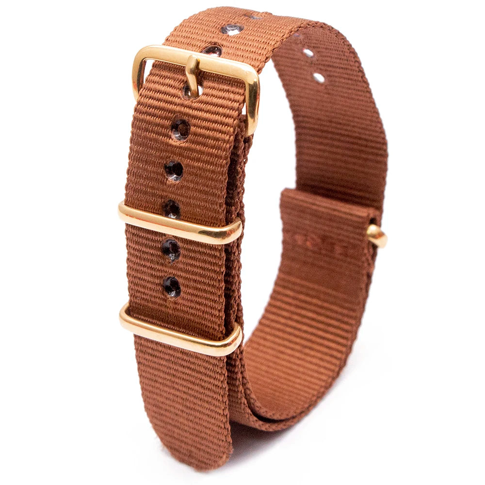 Hot Selling Gold Square Buckle Nylon Four Colors Watch Strap Fashionable Wear Resistant Watch Striped Bracelet Nice Watch Strap Qme Brown 22 mm