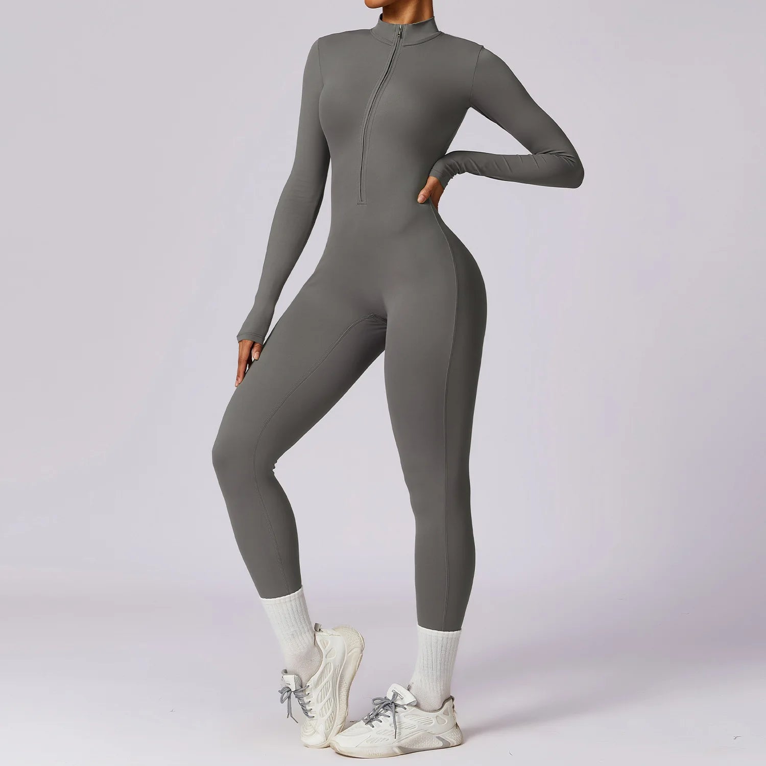 A Naked zipper short sleeved yoga suit jumpsuit, quick drying breathable outdoor sports tight fitting jumpsuit, fitness suit Qme M Gray in ash