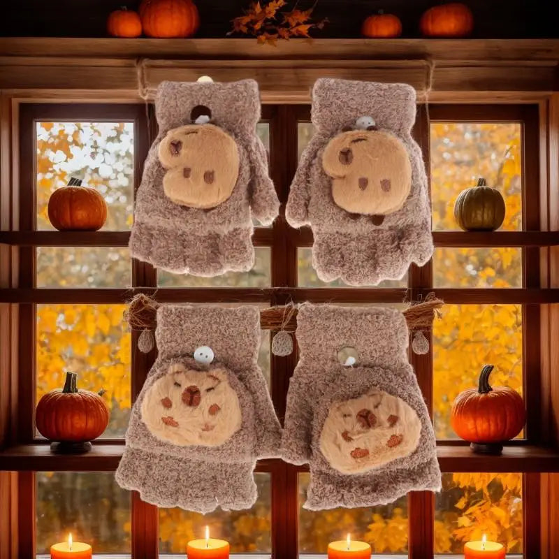Cartoon Capybara Plush Gloves Children Winter Warm Flip-top Qme