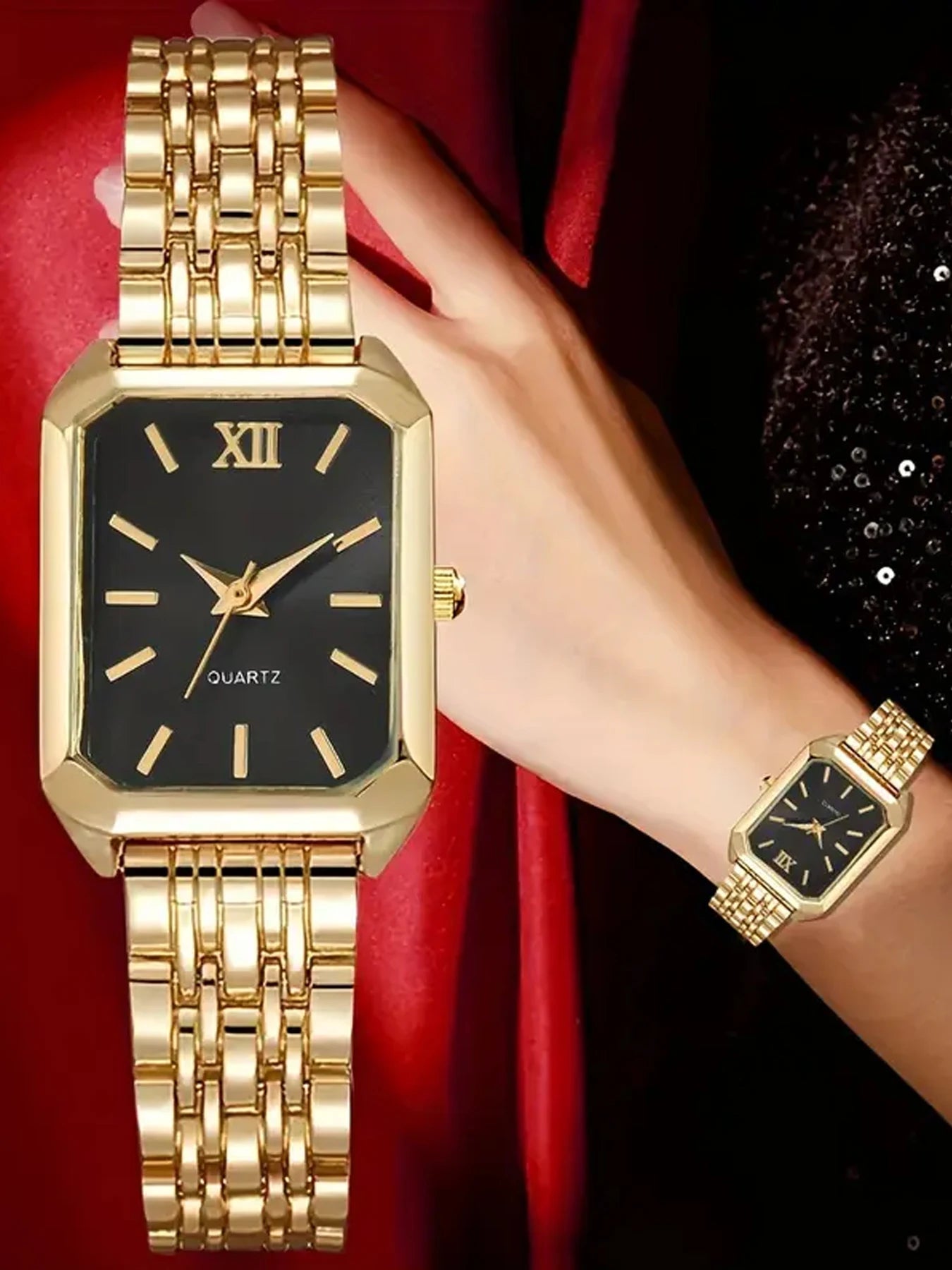 Light luxury steel strip women's watch pointer female student fashionable simple square quartz watch set Qme