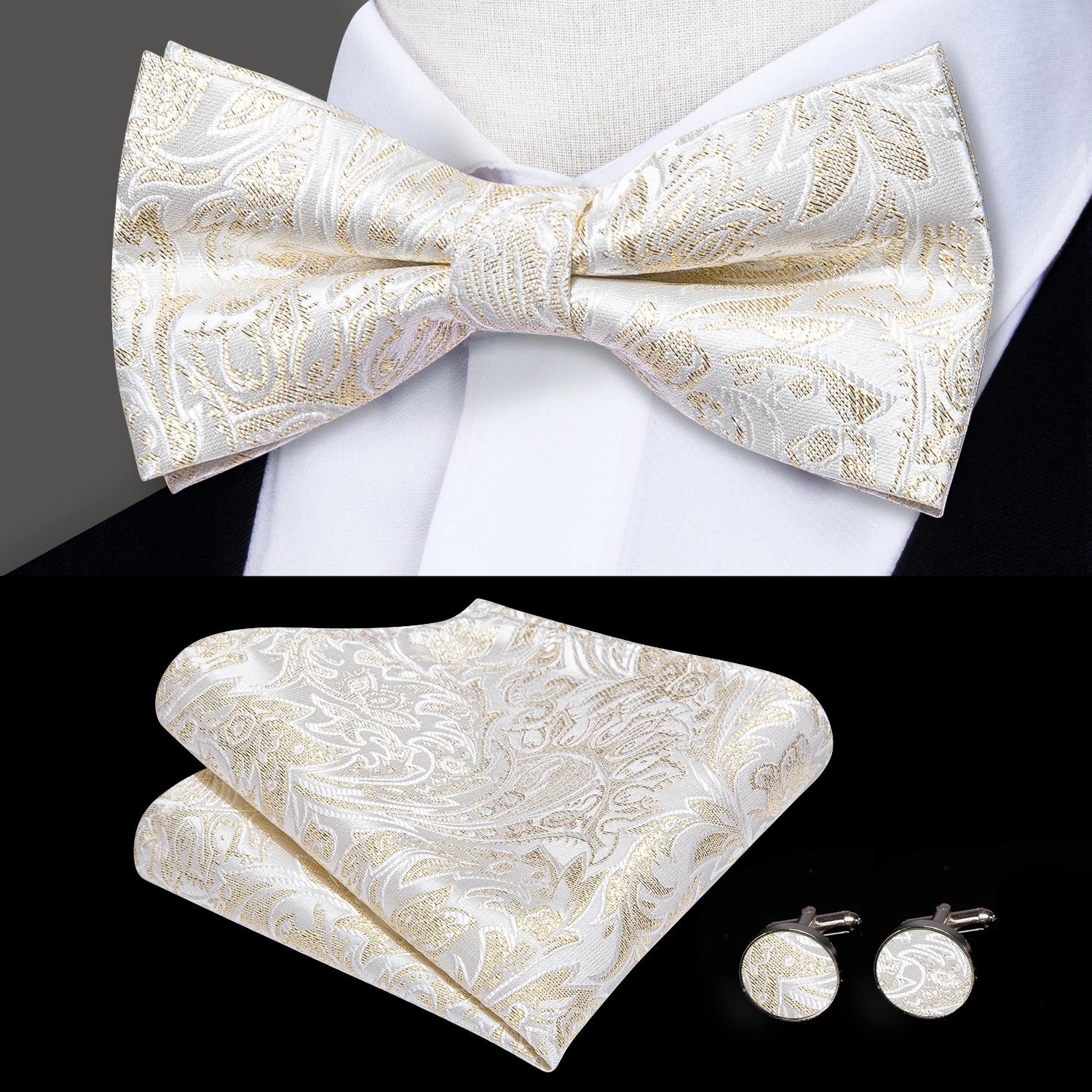 Hi-Tie Pea Green Silk Mens Striped Pre-tied Bow Tie Hanky Cufflinks Set Butterfly Knot Bowtie for Male Wedding Business Qme LH-0571