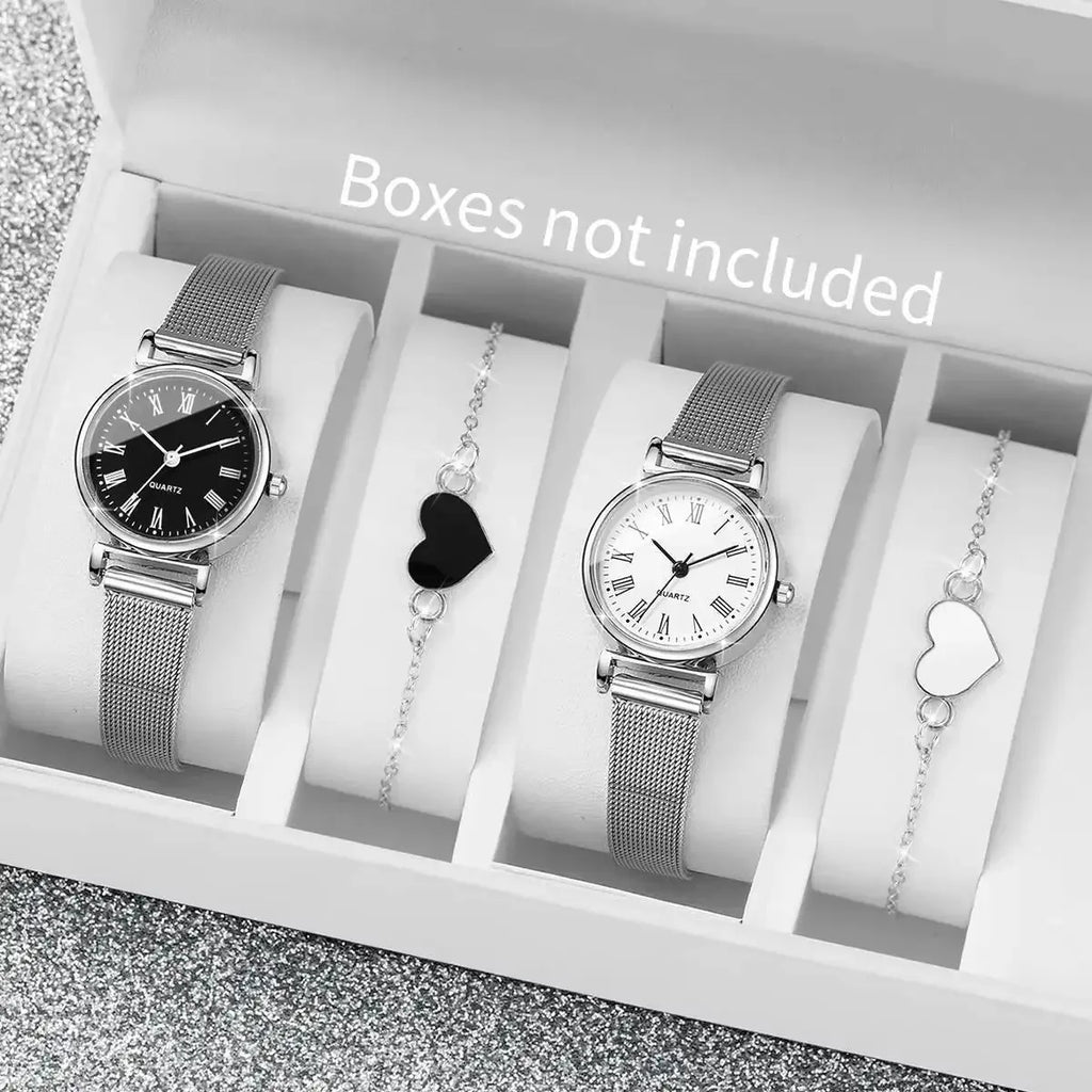 4PCS Fashion Roma Dial Quartz Watch Casual Mesh Strap Women Watches Bracelet Set Reloj Mujer（Without Box） Qme