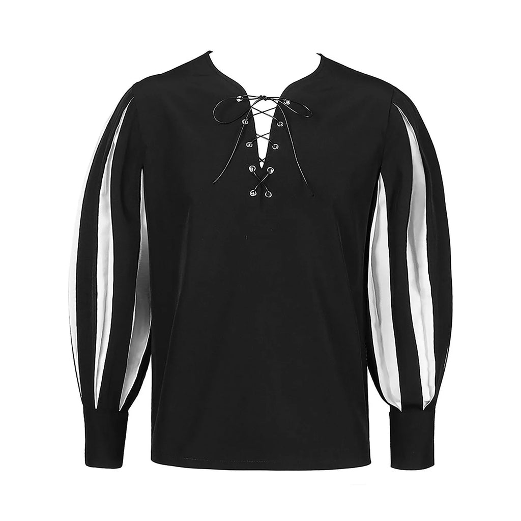 Men's Gothic Dark Contrast Lace Up Top Casual Vintage Medieval Renaissance Loose Soft Clothes Long Sleeve Shirt With Waistband Qme