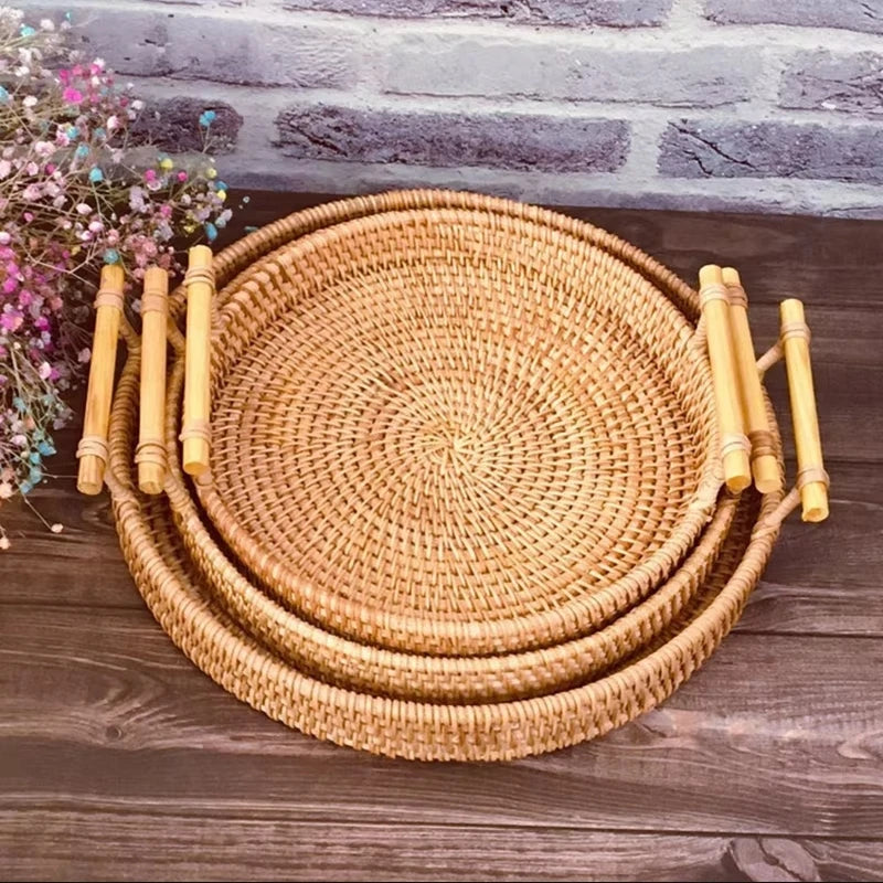 Rattan Strap Handle Storage Basket Bread Snack Fruit Round Round Tray Picnic Woven Storage Basket Qme 3pcs S M L