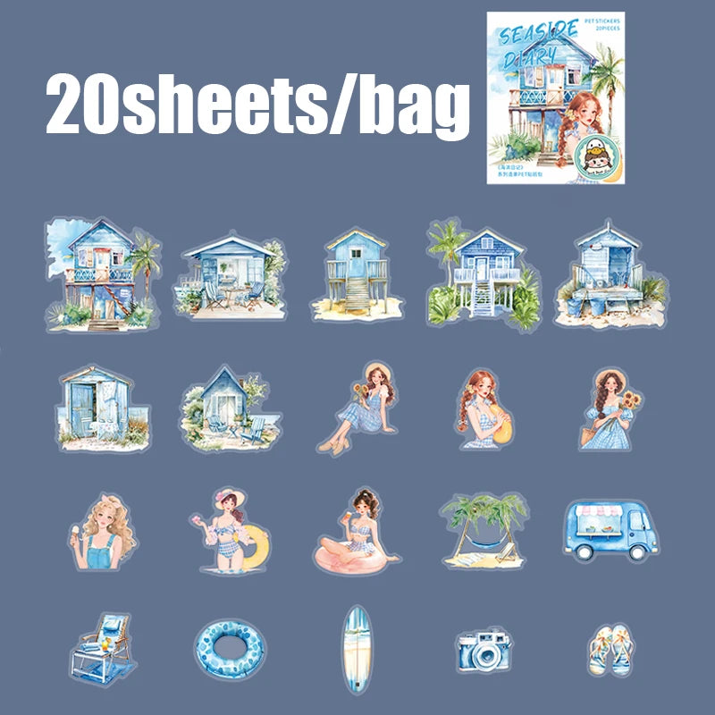 Vacation Girl & Scenery PET Sticker Pack, Journal Collage Decor, Toppa Decoration, Gift Wrapping & Multi-Purpose Stickers Qme F