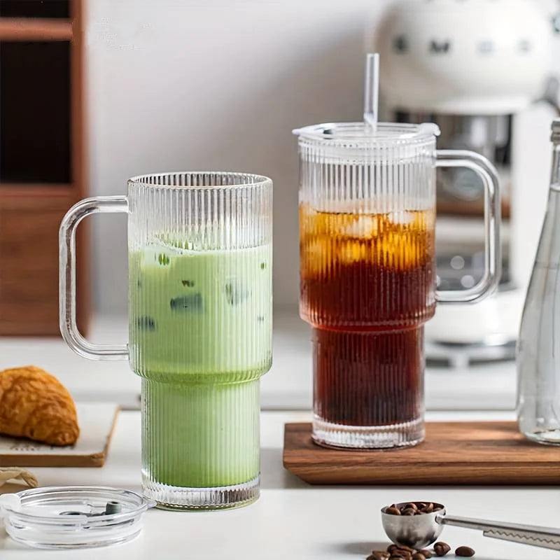 600ML Stripe Glass Coffee Cup With Handle And Lid Cover Straw Transparent Drinking Glasses For Juice Iced Coffee Mugs Drinkware Qme