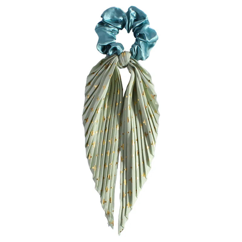 Handmade Pleated Hair Scrunchie with Long Ribbon,Elastic Hair Tie for Girls,Retro Ponytail Hair Rope Fashion Hair Accessories Qme Light Blue 5Pcs