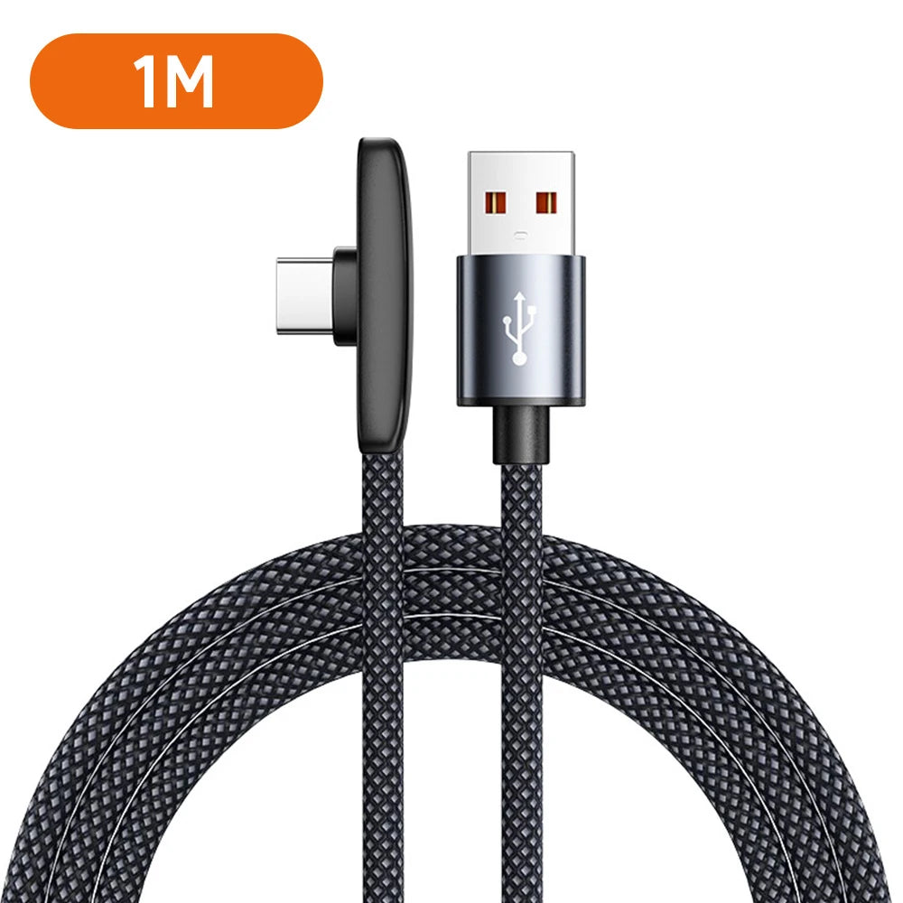 USB to Type C 100W 6A 90° Elbow Data Cable 1M/1.5M/2M Type-C Weave Line PD Game Cable For Samsung Huawei Honor Android Devices Qme Black 1m