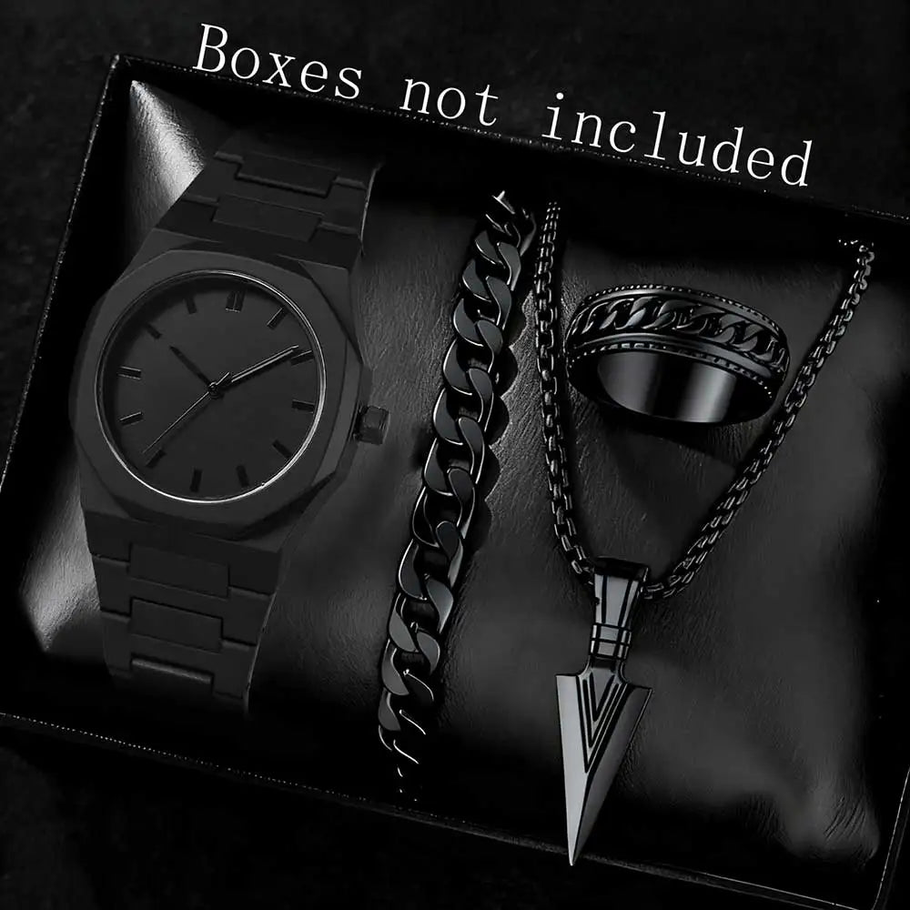 Matte octagonal minimalist scale men's watch Cuban bracelet cross necklace ring four piece set, not including gift box Qme Black B
