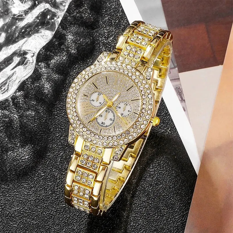 Women's Quartz Watch Gold Luxury Women Ring Necklace Earring Rhinestone Fashion Wristwatch Casual Ladies Watches Jewelry Set Qme