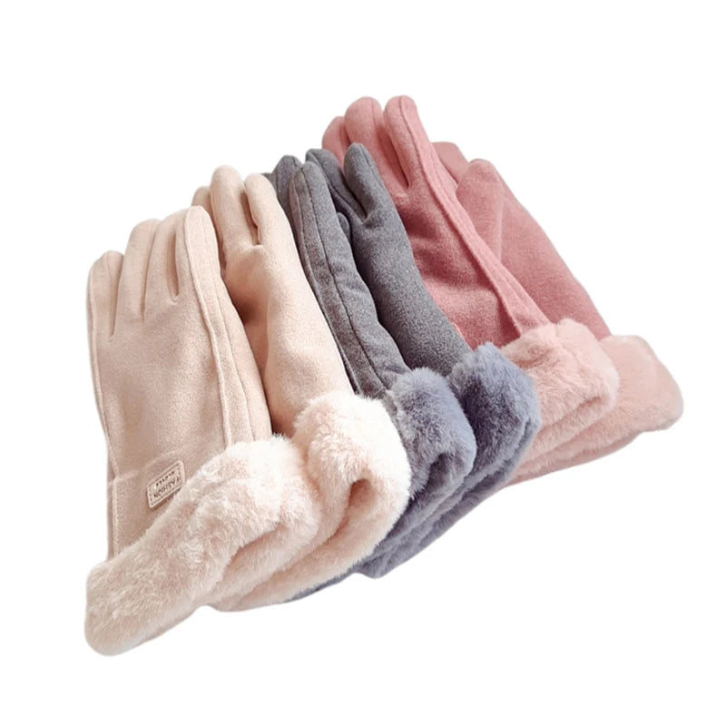 Autumn Winter Warm Suede Gloves Velvet Thickened Plush Decor Cuff Qme