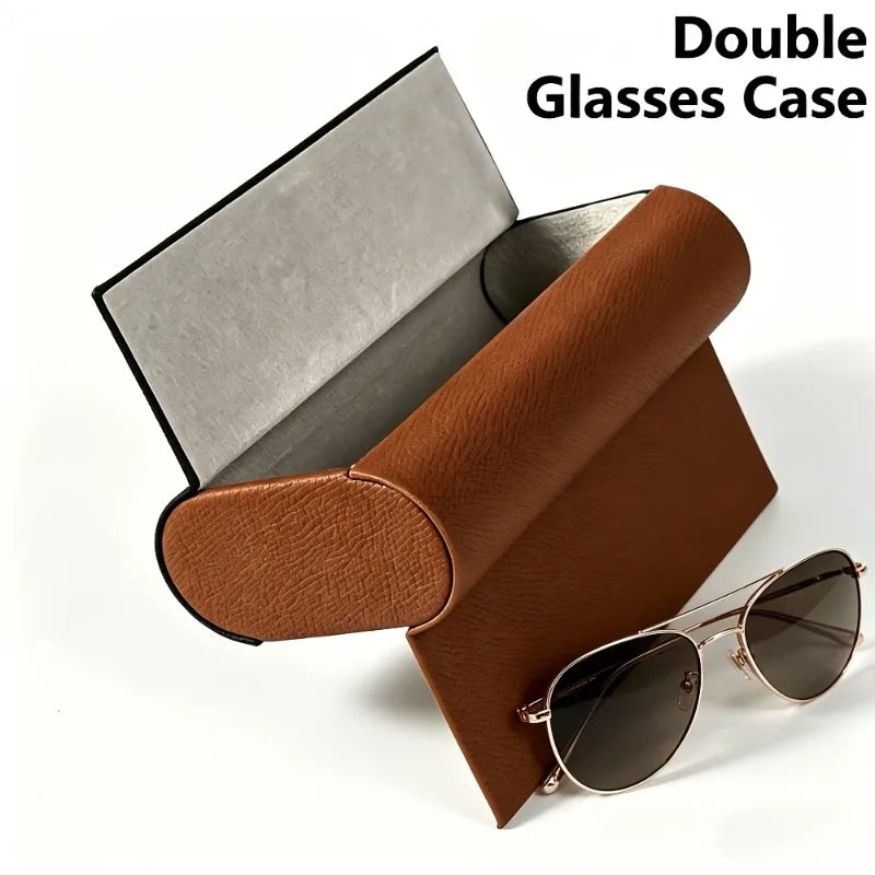 Double Layer Glasses Case Sturdy Faux Leather Magnetic Closure Holds Qme