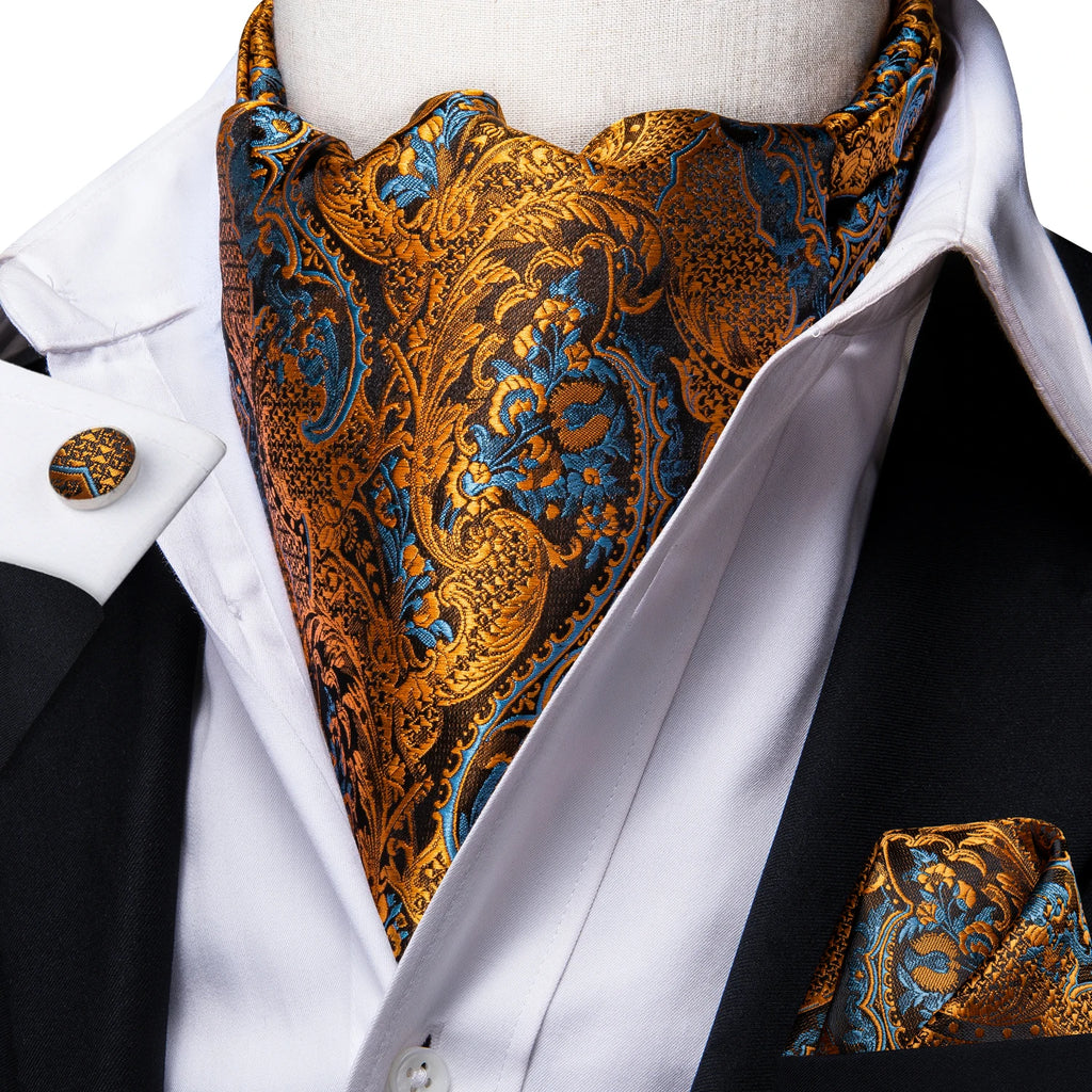 Hi-tie Silk Men's Ascot Pocket Square Cufflinks Jacquard Floral Qme