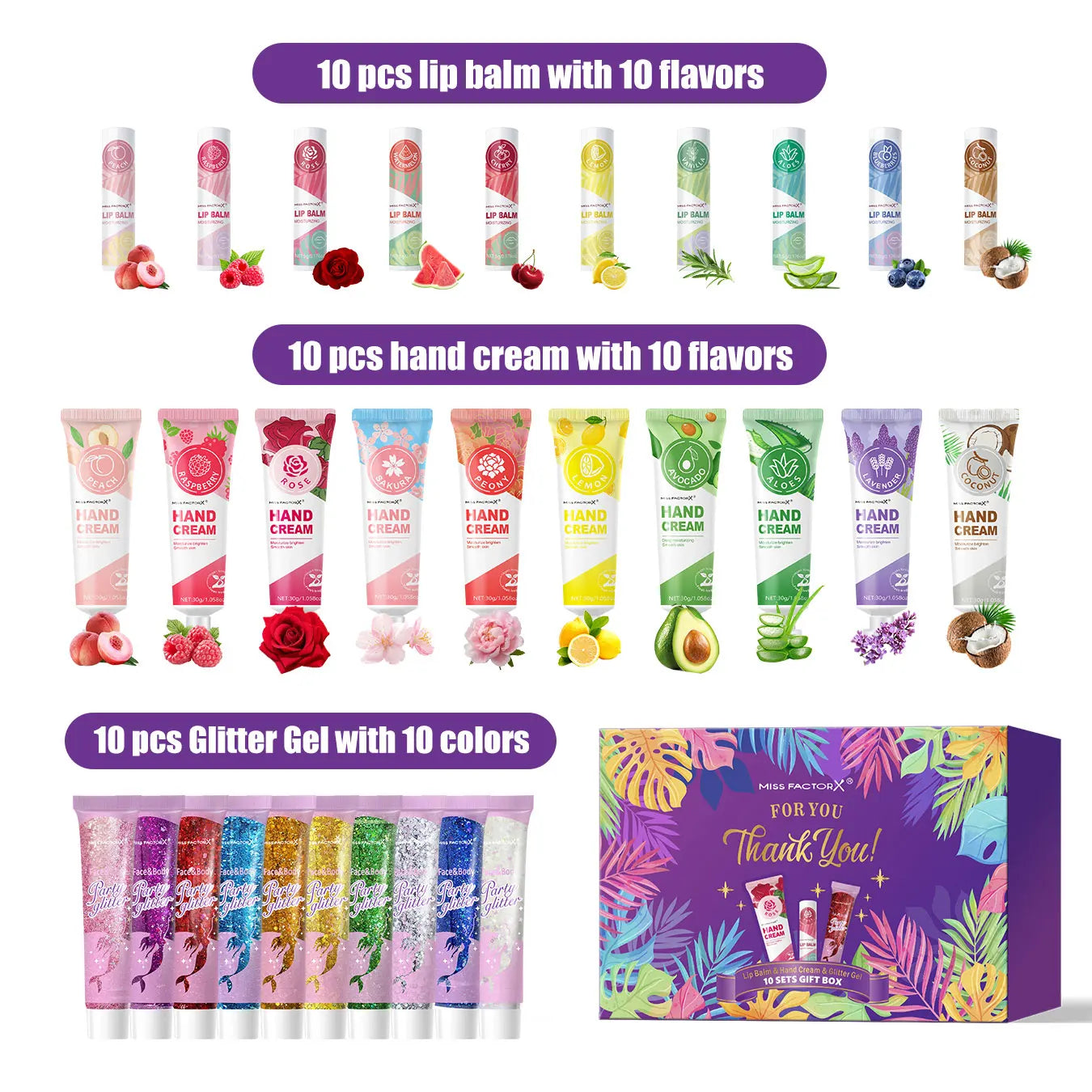 Women's Gift Set -10 Sets/Box with Hand Cream, Lipstick, Glitter, Gift Gauze Bag, Green Leaf Thank You Card Combination Qme Gift Set