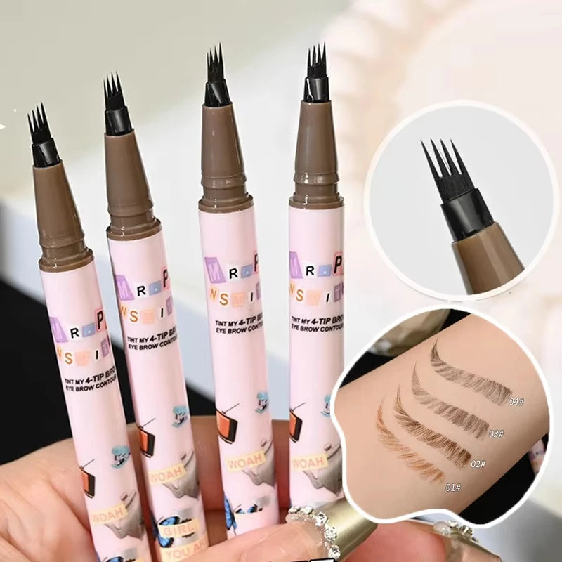4 Colors Eyebrow Pen Waterproof 4 Fork Tip Eyebrow Tattoo Pencil Cosmetic Long Lasting Natural Dark Brown Liquid Eye Brow Pencil Qme