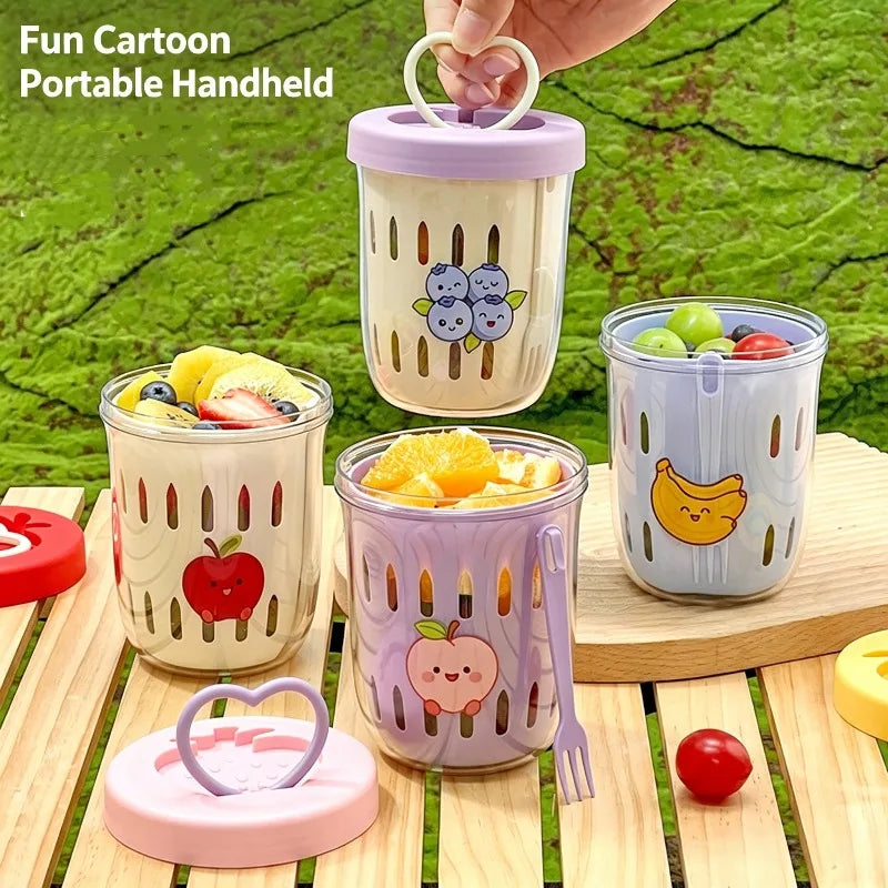 Double-walled Salad Cup with Fork Handle Draining Fruit Cup Portable Leak-proof Oatmeal Container Fresh Food Storage Container Qme