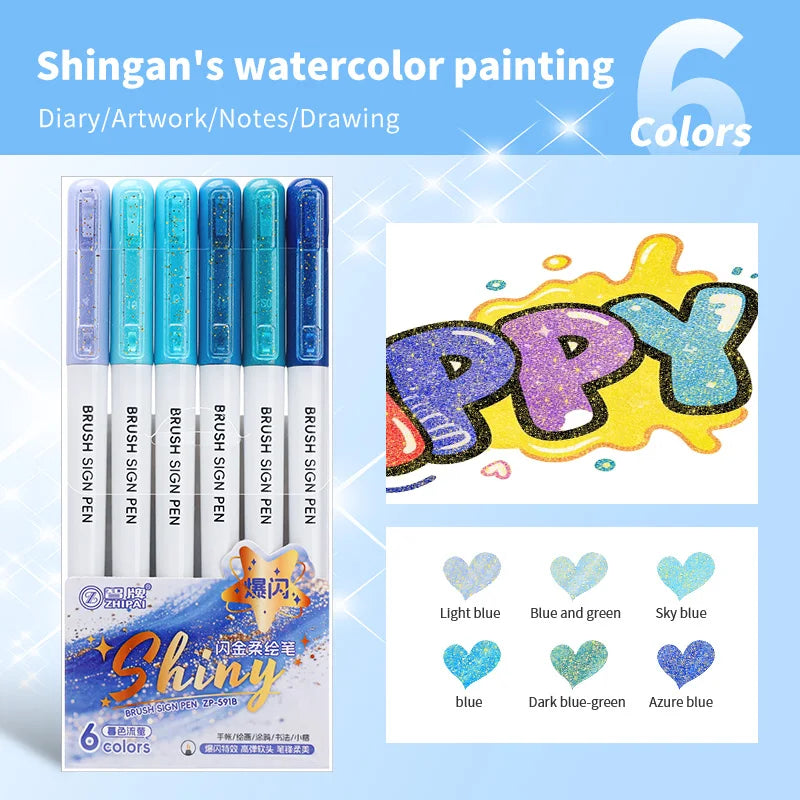 6Pcs Shiny Glitter Calligraphy Markers, Colorful Fluorescent Drawing Pens for DIY Painting Art Craft Stationery Supplies Qme white pen holder D