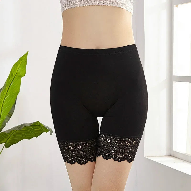 Women Big Safety Pants Soft Comfortable Modal Material Shorts Lace Qme balck 57-67kg