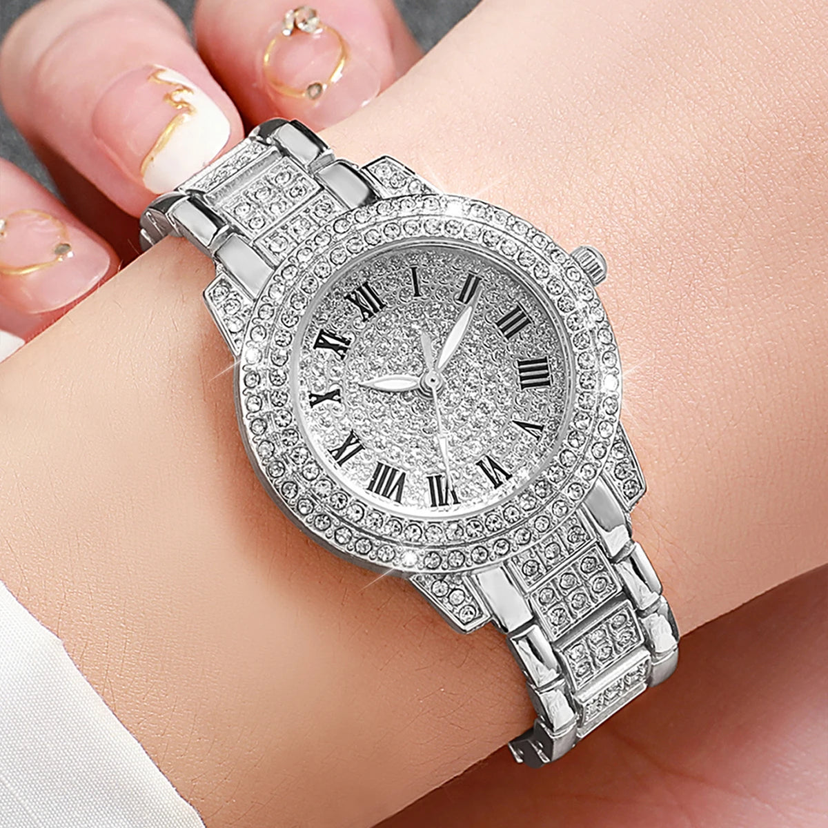 3 peças relógios femininos moda completa strass relógio de quartzo pulseira de aço inoxidável relógios de pulso (sem caixa) Qme silver
