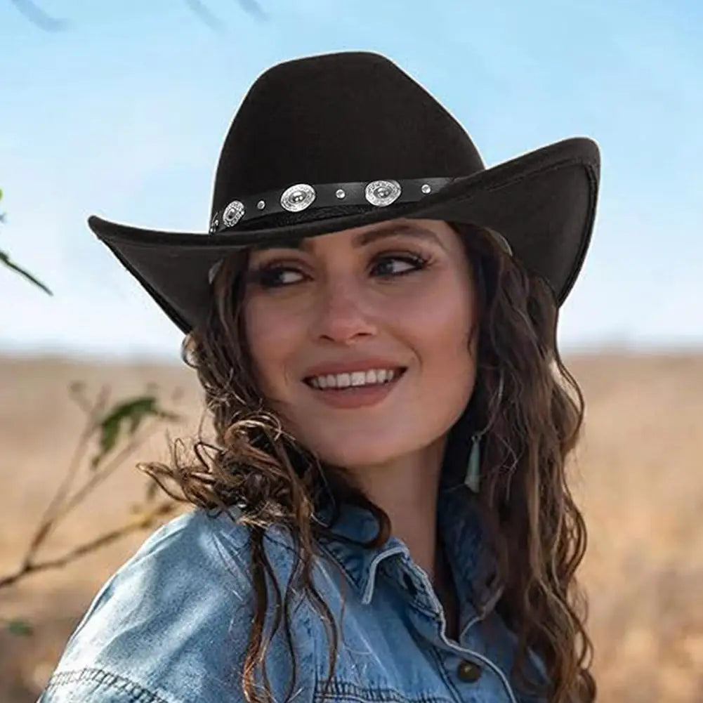 NEW Fashion Black Western Cowboy Classic Comfortable Roll Up Brim Belt Buckle Cowgirl Fedora Cowgirl Sombrero Hat Decoration Qme