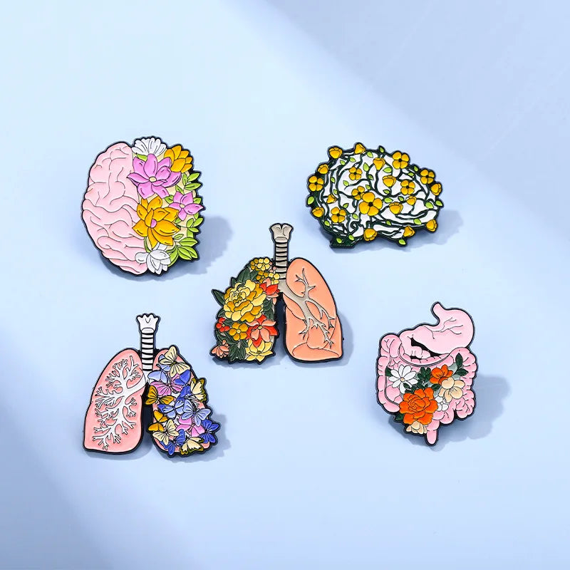 Organs Flower Enamel Pin Body Internal Heart Brain Lung Plant Butterfly Brooch Lapel Badge Medical Jewelry Punk Gift Wholesale Qme