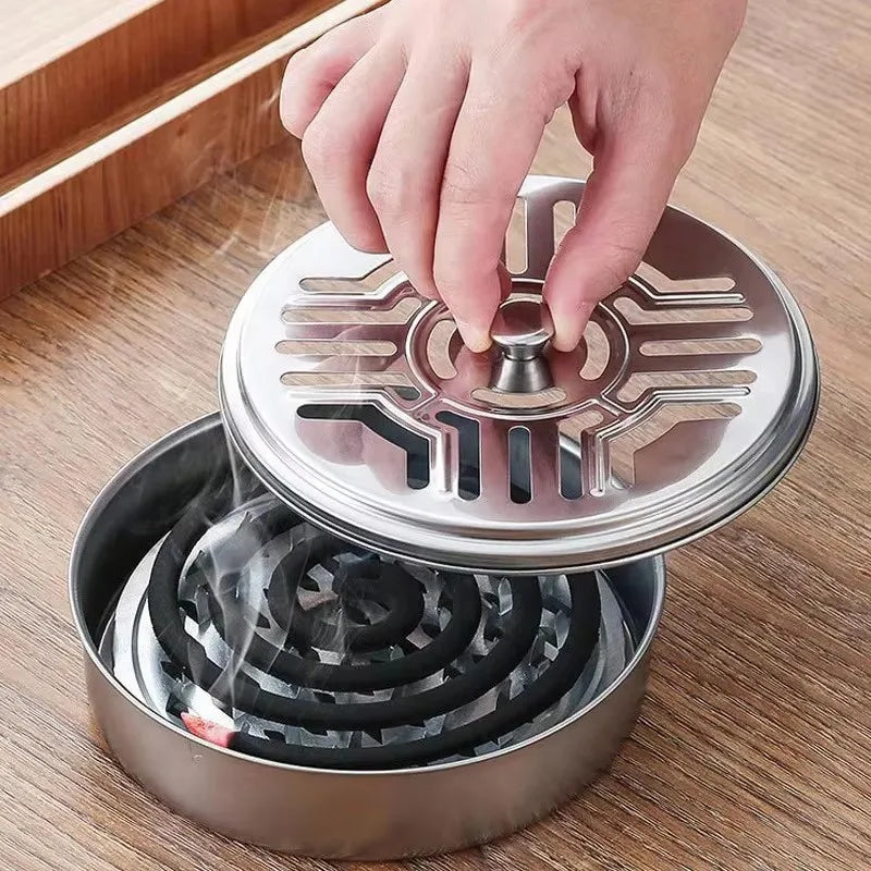 Mosquito Coils Holder Stainless Steel Mosquito Coil Box with Cover Round Mosquito Coil Tray Easy To Clean Anti-Mosquito Supplies Qme