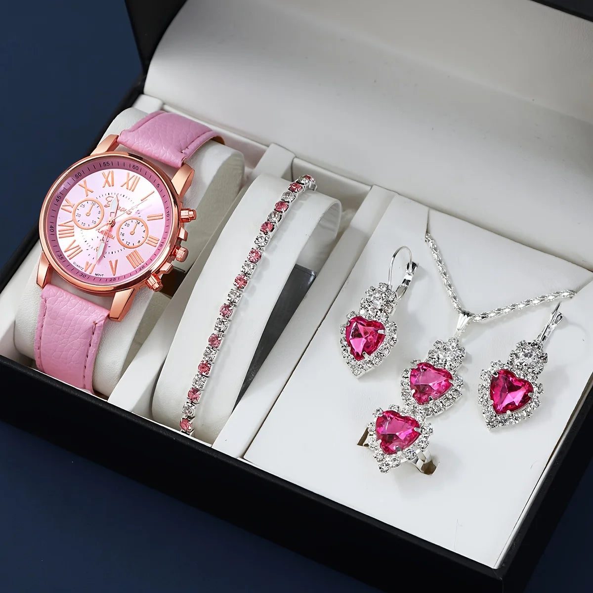 Fashion quartz watch and jewelry set, shock resistant circular analog digital display, PU leather strap, zinc alloy case Qme 2