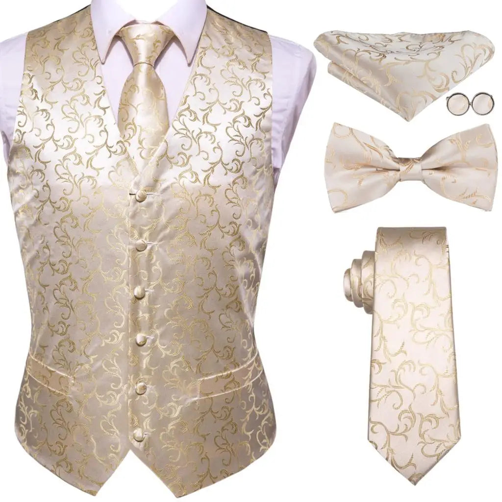 Hi-tie Mens Vests Red Blue Green Gold Waistcoat Tie Bowtie Hanky Qme