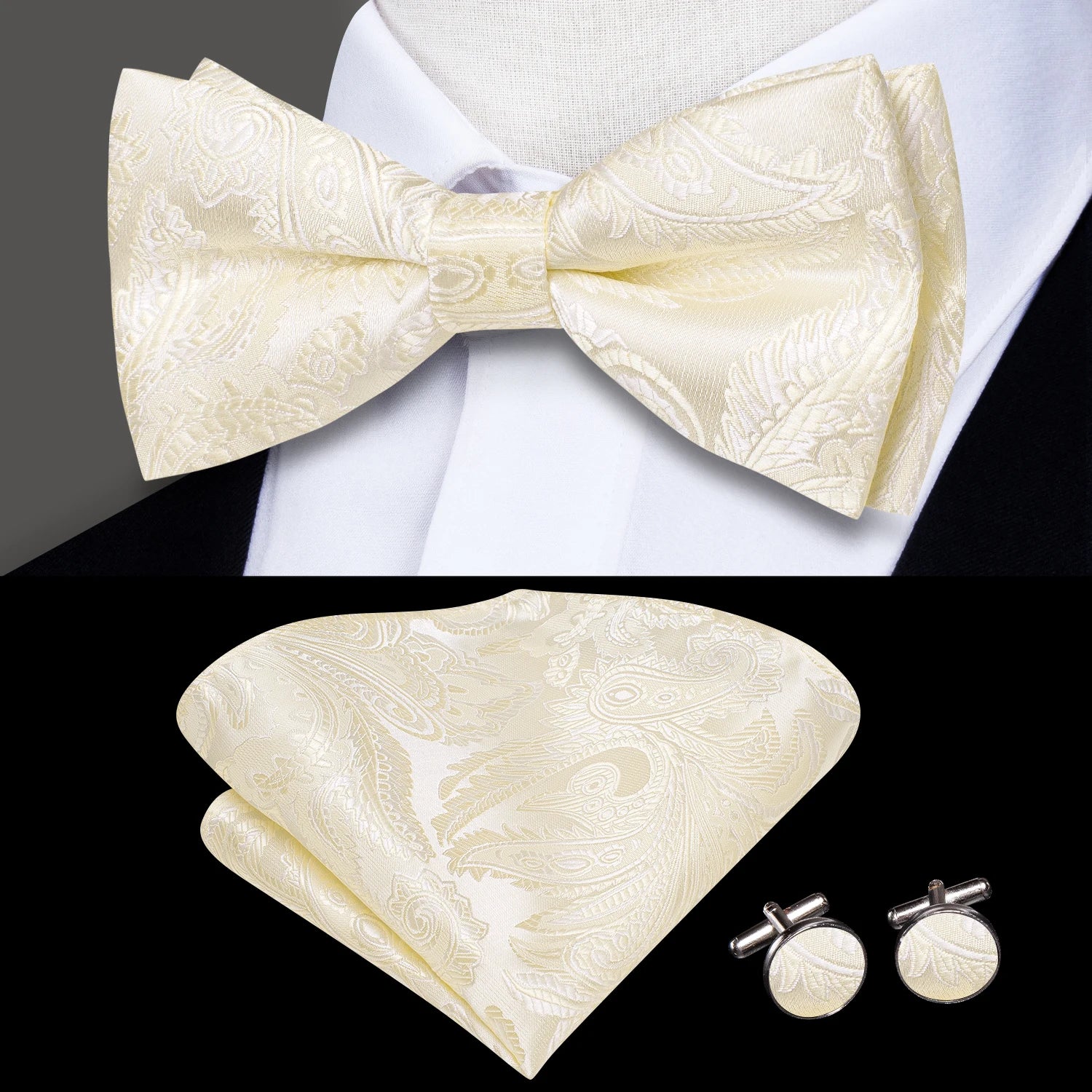 Hi-tie Silk Mens Striped Bow Tie Royal Blue Red Hanky Cufflinks