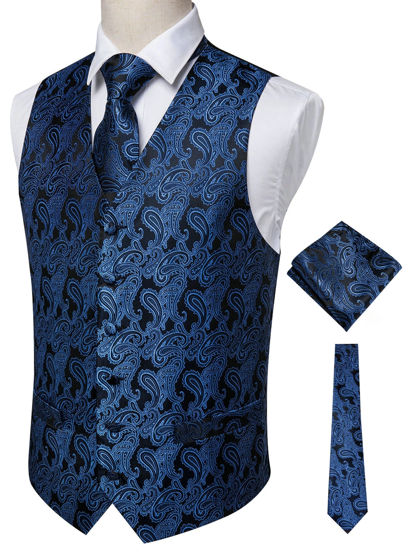 Blue Men Vest Three-Piece Suit Set, Dress Waistcoat with Tie and Pocket Square for Party Ceremony Qme MJ-0010 XL
