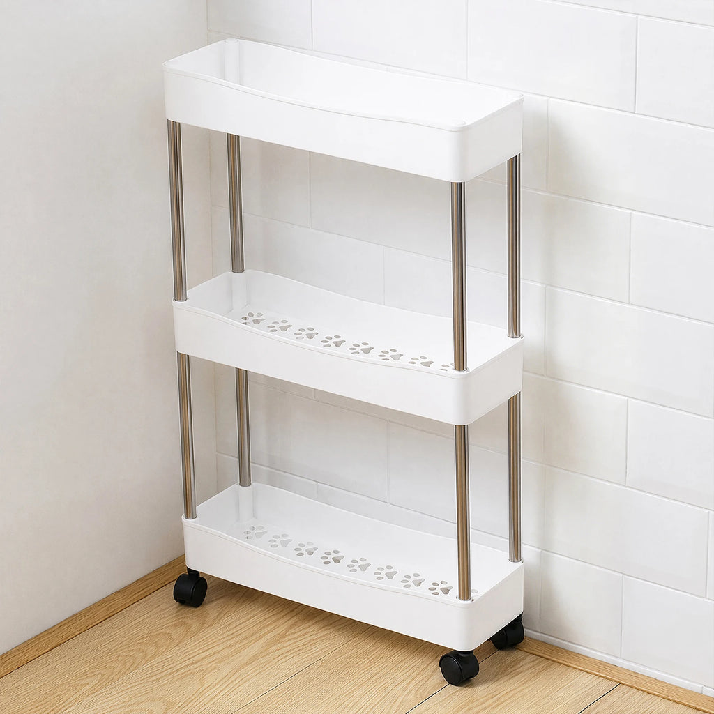 3-Tier Rolling Bathroom Storage Organizer Multi-Layer Plastic Trolley Rack for Kitchen Bathroom Laundry Room Narrow Places Qme