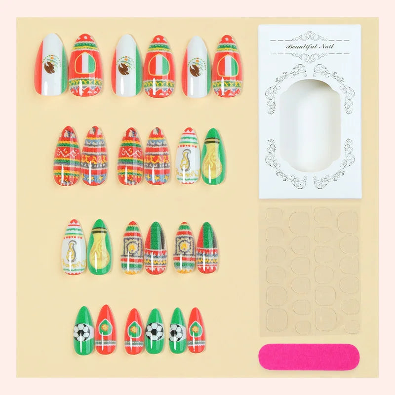 Fashion Luxury Mexico National Team Almond Full Cover Press On Nails Stylish Mexico flag design artificial false nails Qme
