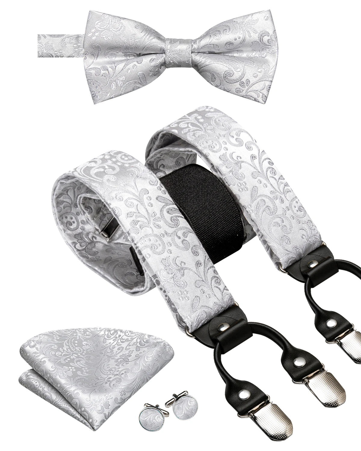 Hi-tie Jacquard Woven Silk Gold Mens Suspender Braces Bow Tie Hanky Qme BD-3062