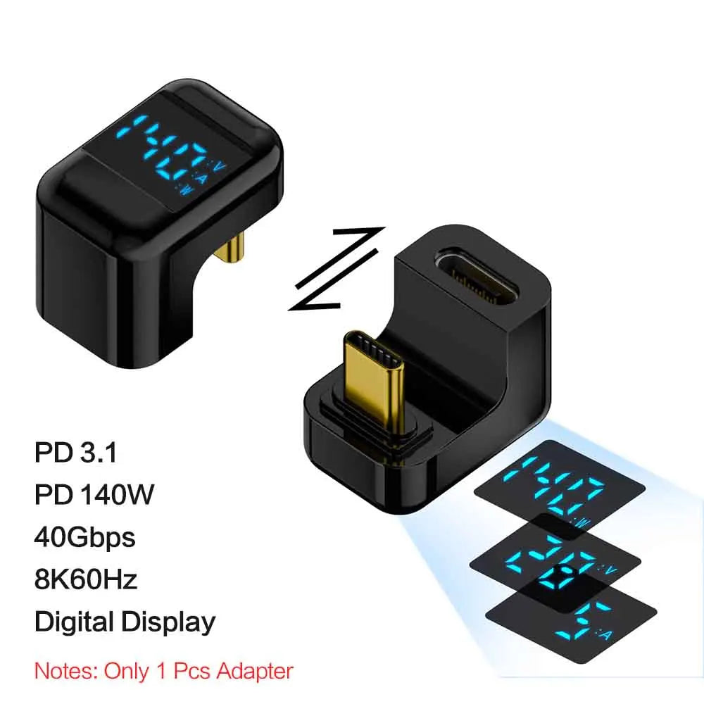 USB 4 Type C Adapter 40Gbps 140W 90 Degree USB C Adapter for Thunderbolt 4 3 Cable Connector Right Angle U Shape Digital Display Qme black U