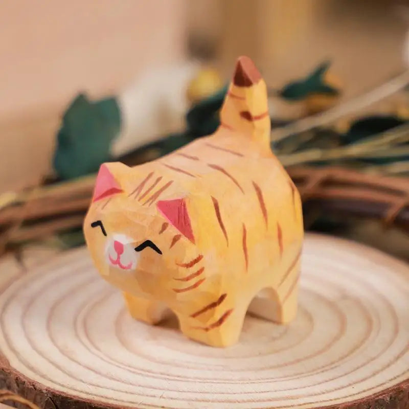 Carved Wooden Kitten Figurine Adorable Mini Cat Ornament Home Bedroom Qme