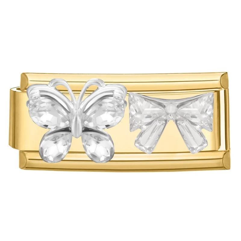 New Fashion Gold Color Cute Bows Garland Big Zircon Stars Hearts Italian Charm Links Fit 9MM Stainless Steel Bracelet DIY Making Qme Style 6