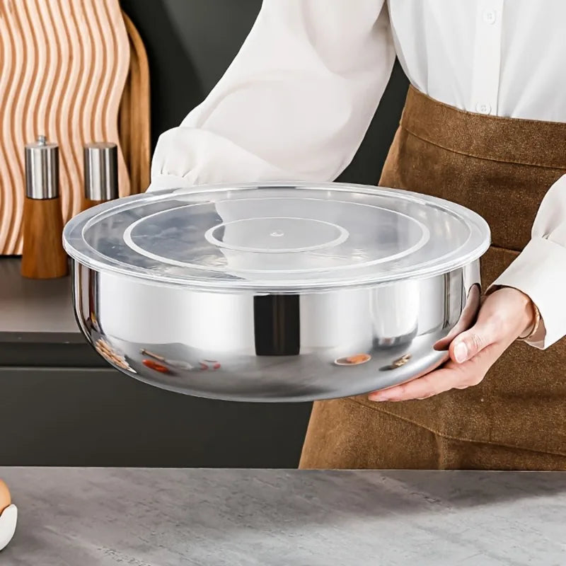 1pc- Rust-Resistant Stainless Steel Large Mixing Bowl with Lid | Deep & Wide, Ideal for Dough Kneading, Vegetable Washing Qme
