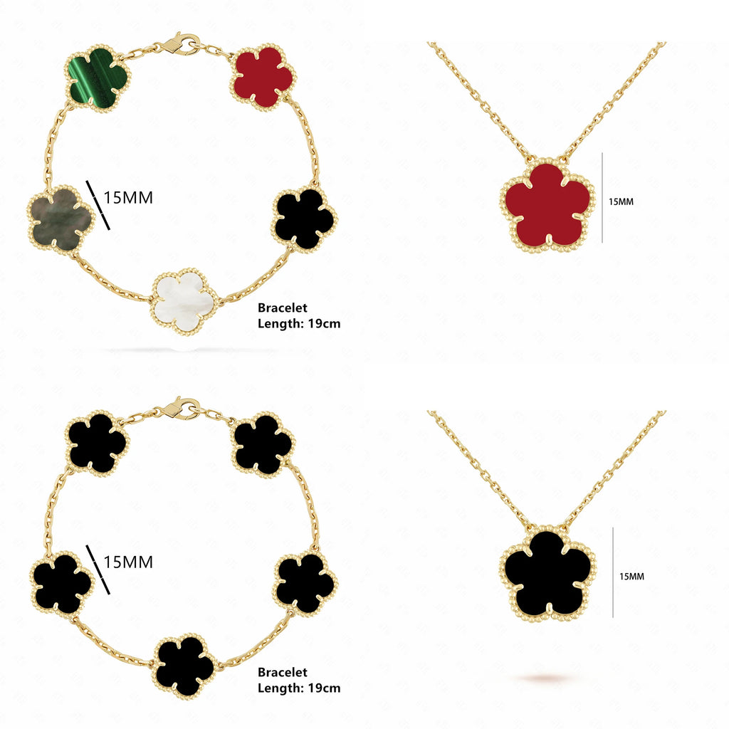 INS Hot Selling 15mm Natural Stone Five Leaf Flower Set Bracelet Necklace Flower Jewelry For Women Free Shipping For Daily Wear Qme